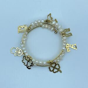 Charm Bracelet Freshwater Pearl Coil Wrap 7 13 Elephant Hamsa Hand Gold Tone